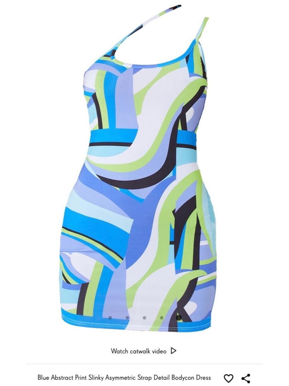 NWT PrettyLittleThing Blue Abstract Print Slinky Asymmetric Strap Bodycon Dress